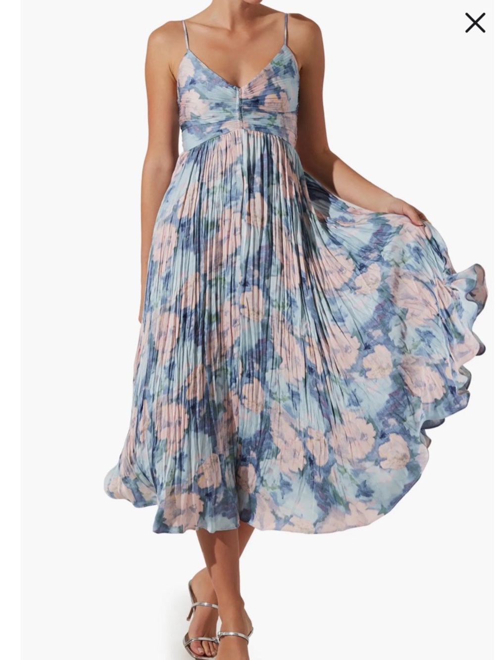 Astr Watercolor Floral Pleated Midi Dress in Blue and Pink